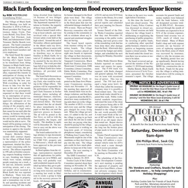december 13 2019 black earth village board meeting - floods